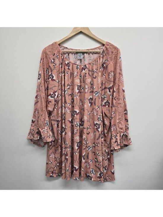 Catherines Tops - Catherines Floral Printed Blouse Top 4X Lace Trim Gathered Sleeve Tie Stretch